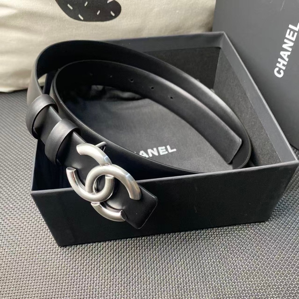 Chanel CC Logo Black Belt Silver Buckle Designer Belt 85cm